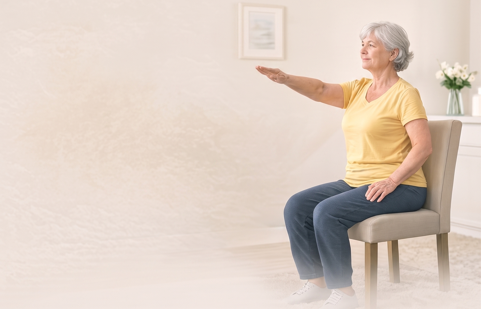 Senior woman exercising in a chair background