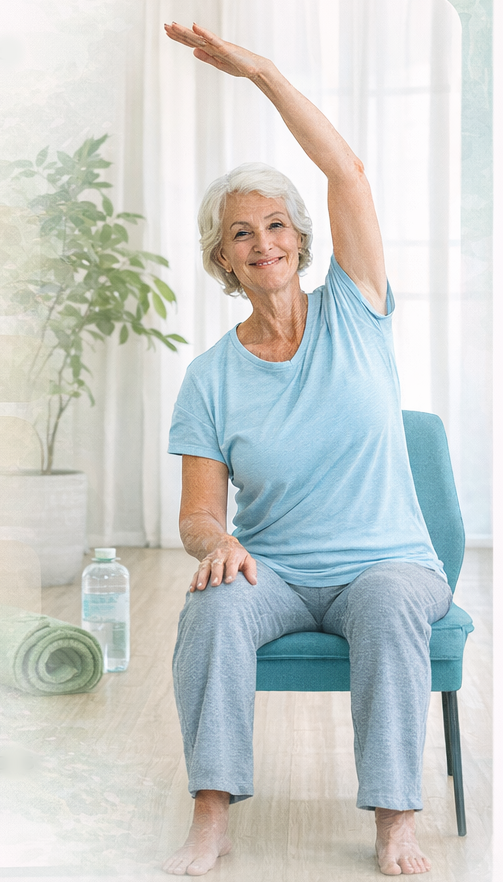 Senior woman practicing gentle chair yoga stretching