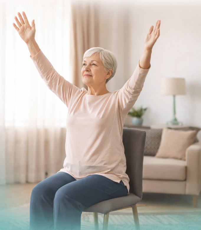 Senior woman practicing chair yoga